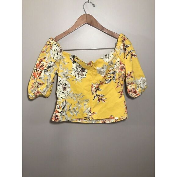 Soho New York Company Off Shoulder Top Medium Cropped Boho Floral Yellow NWT - Picture 3 of 7